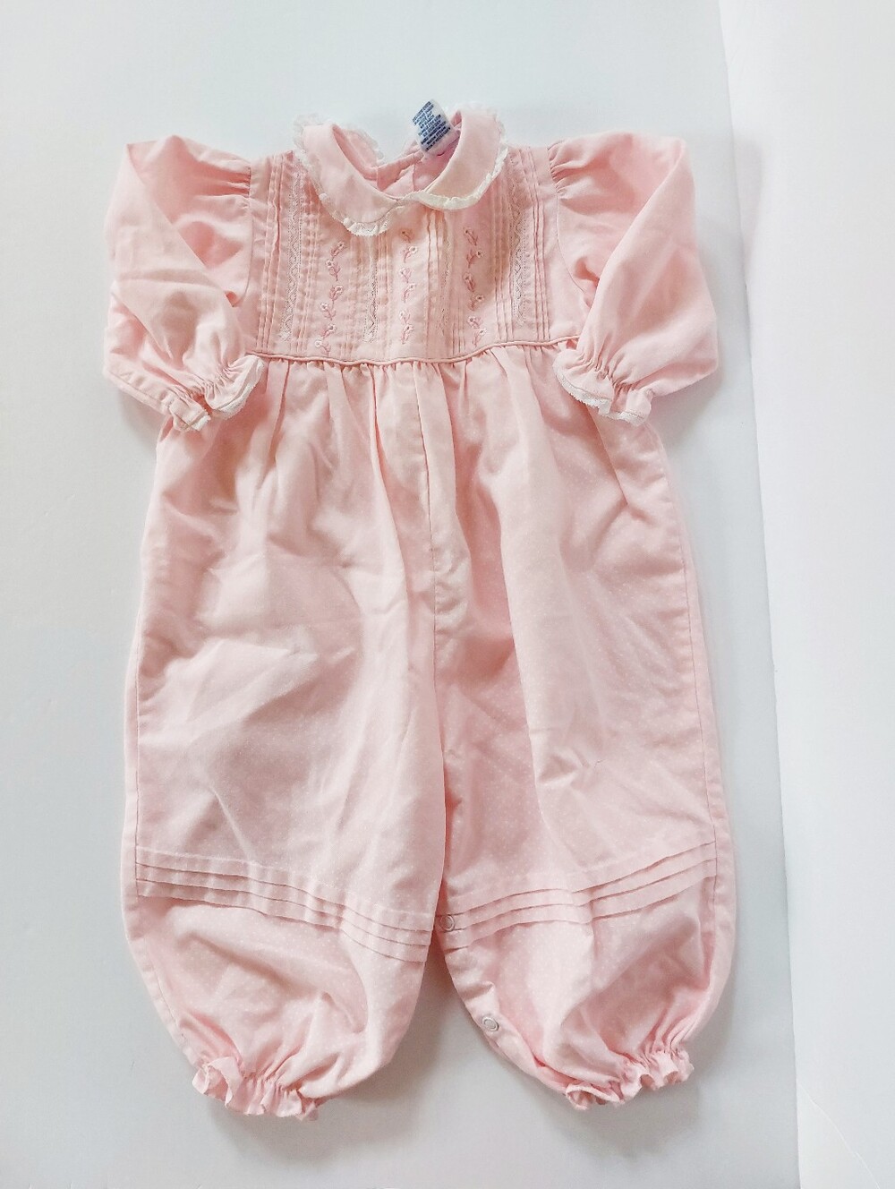 80s Infant Jumpsuit Pink 12m Cottagecore Pintuck Rosebuds Lace Princess Fairy